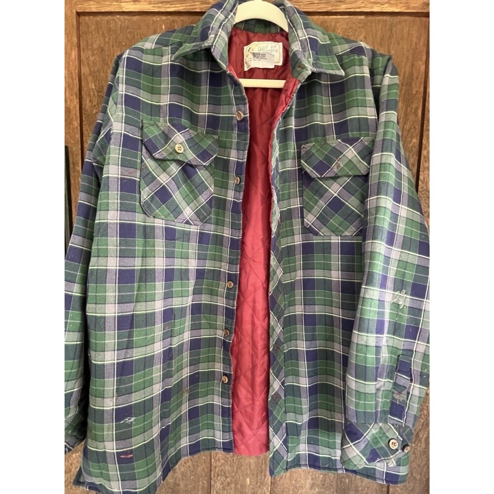 H Valentino Mens L Plaid Quilted Flannel Shirt Jacket Distressed Grunge